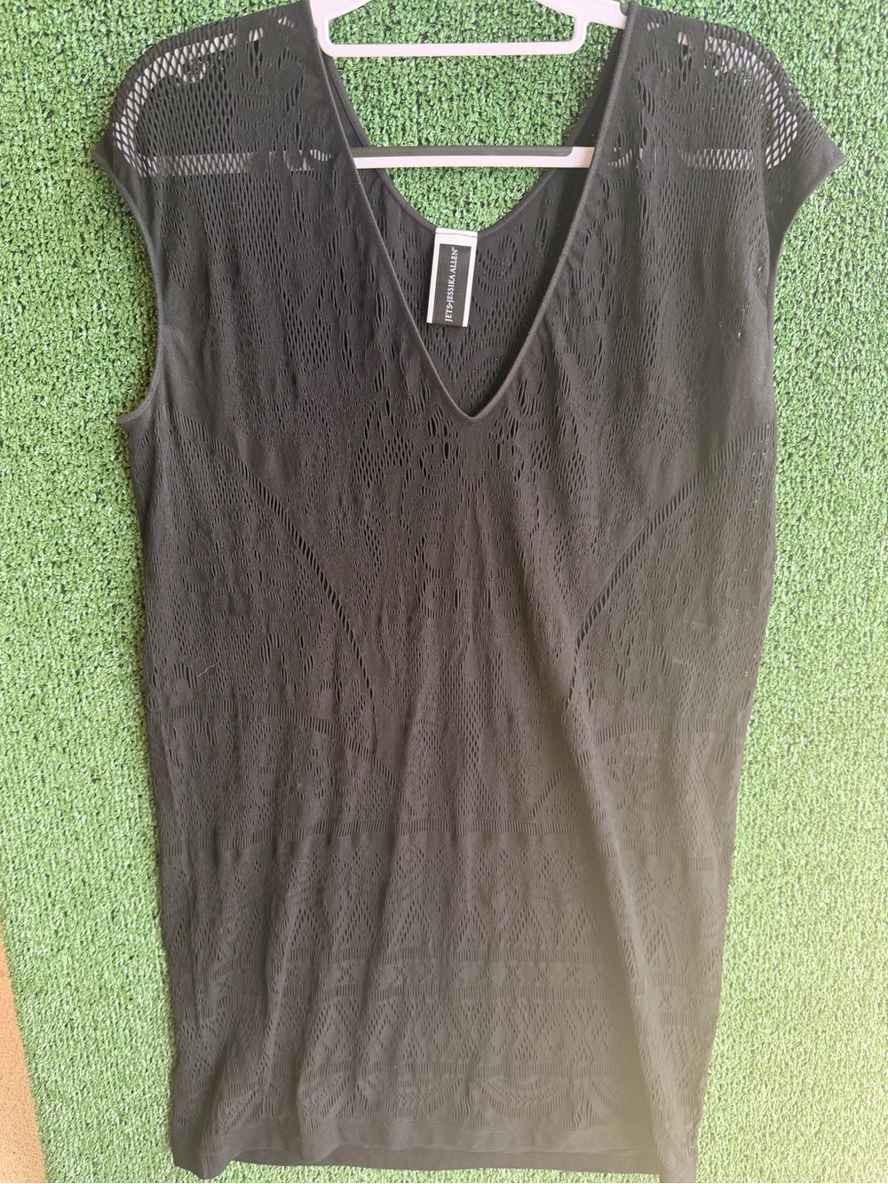 JETS by Jessika Allen Black Crochet Mesh Swim Cover-Up Tunic Size 8